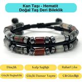 Sertifikalı Kan Taşı ve Hematit Makrome Doğal Taş Deri Erkek Bileklik - Standart - Renkli