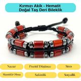 Sertifikalı Kırmızı Akik ve Hematit Makrome Doğal Taş Deri Erkek Bileklik - Standart - Renkli