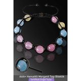 Sertifikalı Makrome Akuamarin Pembe Kuvars Morganit Taşı Bileklik