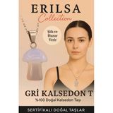 Sertifikalı Mantar Model Gri Kalsedon Taşı Kolye Huzur Ve Denge Veren Doğal Kolye