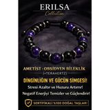 Sertifikalı Obsidyen - Ametist Taşı Bileklik - 8 Mm Doğal Taş Terahertz Aparatlı Unisex El Yapımı