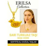 Sertifikalı Sarı Renkli Kuş Model Firuze (Turkuaz) Taşı Kolye – Özgürlük, Şans ve Koruma Taşı