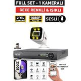 Sesli - 1 Kameralı Fullhd Gece Renkli ve Işıklı Güvenlik Kamerası - Kamera Seti 250GB Disk - Beyaz