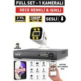 Sesli - 1 Kameralı Fullhd Gece Renkli ve Işıklı Güvenlik Kamerası - Kamera Seti Hard Disksiz - Beyaz