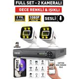 Sesli - 2 Kameralı Fullhd Gece Renkli ve Işıklı Güvenlik Kamerası - Kamera Seti 250GB Disk - Beyaz