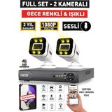 Sesli - 2 Kameralı Fullhd Gece Renkli ve Işıklı Güvenlik Kamerası - Kamera Seti Hard Disksiz - Beyaz