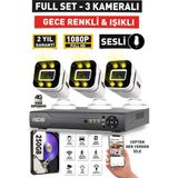 Sesli - 3 Kameralı Fullhd Gece Renkli ve Işıklı Güvenlik Kamerası - Kamera Seti 250GB Disk - Beyaz