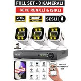 Sesli - 3 Kameralı Fullhd Gece Renkli ve Işıklı Güvenlik Kamerası - Kamera Seti Hard Disksiz - Beyaz