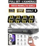 Sesli - 4 Kameralı Fullhd Gece Renkli ve Işıklı Güvenlik Kamerası - Kamera Seti 1tb Disk - Beyaz