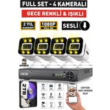 Sesli - 4 Kameralı Fullhd Gece Renkli ve Işıklı Güvenlik Kamerası - Kamera Seti 2tb Disk - Beyaz