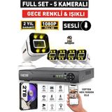 Sesli - 5 Kameralı Fullhd Gece Renkli ve Işıklı Güvenlik Kamerası - Kamera Seti 2tb Disk - Beyaz