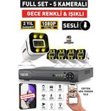 Sesli - 5 Kameralı Fullhd Gece Renkli ve Işıklı Güvenlik Kamerası - Kamera Seti Hard Disksiz - Beyaz