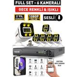 Sesli - 6 Kameralı Fullhd Gece Renkli ve Işıklı Güvenlik Kamerası - Kamera Seti 500GB Disk - Beyaz