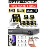 Sesli - 7 Kameralı Fullhd Gece Renkli ve Işıklı Güvenlik Kamerası - Kamera Seti 2tb Disk - Beyaz
