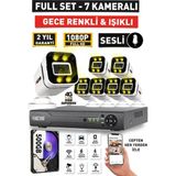 Sesli - 7 Kameralı Fullhd Gece Renkli ve Işıklı Güvenlik Kamerası - Kamera Seti 500GB Disk - Beyaz
