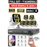 Sesli - 7 Kameralı Fullhd Gece Renkli ve Işıklı Güvenlik Kamerası - Kamera Seti Hard Disksiz - Beyaz