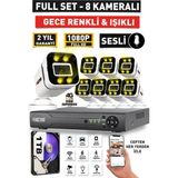 Sesli - 8 Kameralı Fullhd Gece Renkli ve Işıklı Güvenlik Kamerası - Kamera Seti 1tb Disk - Beyaz