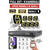 Sesli - 8 Kameralı Fullhd Gece Renkli ve Işıklı Güvenlik Kamerası - Kamera Seti 2tb Disk - Beyaz