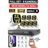 Sesli - 8 Kameralı Fullhd Gece Renkli ve Işıklı Güvenlik Kamerası - Kamera Seti 500GB Disk - Beyaz