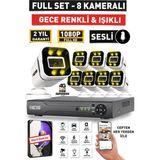 Sesli - 8 Kameralı Fullhd Gece Renkli ve Işıklı Güvenlik Kamerası - Kamera Seti Hard Disksiz - Beyaz