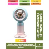 Sessiz 2 Kademeli Hafif Kablosuz 1200MAH Pervaneli Taşınabilir USB Şarjlı Masa El Fanı Vantilatör - Mavi - Pembe