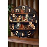 Sessiz Yuvarlak Ahşap Duvar Saati, Kuvars Hareketli 2d Kedi Desen Sdw018 Renkli
