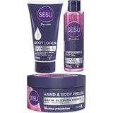 Sesu Premium Vücut Losyonu 175ml, Vücut Peelingi 250ml, Simli Cilt Bakım Yağı 150ml, 3'lü Set