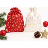 Set 17X23 cm Yılbaşı Hediye Kesesi – Kırmızı & Beyaz Altın Yaldızlı Noel Temalı Kumaş � - Standart