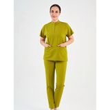 SETA Kadın Doktor & Hemşire Forma Takımı Likralı– Yağ Yeşili Scrubs Üst ve Pantolon Seti Likralı - 2XL