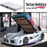 Setay Audi Kapıları Açılabilen Full Ledli Koltuklu Bazalı Arabalı Yatak, Beyaz + 1 Adet Comfort Yatak - Renkli