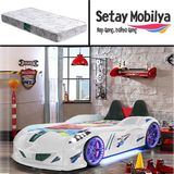 Setay Jaguar Full Ledli Koltuklu Arabalı Yatak, Beyaz + 1 Adet Comfort Yatak - Renkli