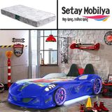 Setay Jaguar Full Ledli Koltuklu Arabalı Yatak, Mavi + 1 Adet Comfort Yatak - Renkli
