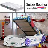 Setay Jaguar Full Ledli Koltuklu Bazalı Arabalı Yatak, Beyaz + 1 Adet Comfort Yatak - Renkli