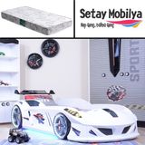 Setay Jaguar Full Ledli Rüzgarlıklı Arabalı Yatak, Beyaz + 1 Adet Comfort Yatak - Renkli