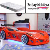 Setay Jaguar Full Ledli Rüzgarlıklı Arabalı Yatak, Kırmızı + 1 Adet Comfort Yatak - Renkli