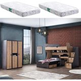 Setay Ranza, Doğa Ranza Karyola Çalışma Masası + 3 Kapılı Dolap + 2 Adet Comfort Yatak - 90 x 190 cm - Siyah