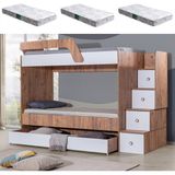 Setay Ranza, Triple Yavrulu Merdivenli Ranza + 3 Adet Comfort Yatak - Ceviz - Beyaz - 90 x 190 cm