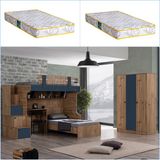 Setay Riva Ranza Karyola Çalışma Masası, 3 Kapaklı Dolap + 2 Adet Comfort Yatak - Kahverengi - 90 x 190 cm
