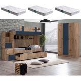 Setay Riva Yavrulu Ranza, 3 Kapaklı Dolap + 3 Adet Comfort Yatak - Ceviz - Mavi - 90 x 190 cm