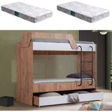 Setay Triple Yavrulu Metal Ayaklı Ranza + 2 Adet Comfort Yatak - Ceviz - Beyaz - 90 x 190 cm