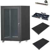 Setrack 19'' 16U 600X600 Camlı Tekerlekli Rack Kabinet+Fan+2 Adet Sabit Raf+Priz - Siyah