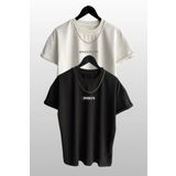 SeusCraft 2'li Brooklyn Tişört - Beyaz Siyah Baskılı Oversize Yazlık T-Shirt Bisiklet Yaka