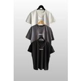 SeusCraft 3'lü Brooklyn Tişört - Siyah Füme Beyaz Baskılı Oversize Yazlık T-Shirt Bisiklet Yaka