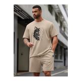 SeusCraft Kurt Desen T-Shirt Şort -Bej Alt Üst Takım Şort Tişört Kombin Baskılı Bisiklet Yaka