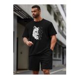 SeusCraft Kurt Desen T-Shirt Şort - Siyah Alt Üst Takım Şort Tişört Kombin Baskılı Bisiklet Yaka