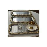 SEVA ÇELİK 3 ADET ÇELİK BÜYÜK DİKDÖRTGEN MODEL GOLD ÇERÇEVELİ SERVİS TEPSİSİ 17*33 CM