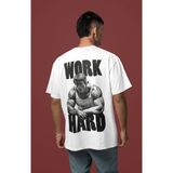 Sevbano Arnold Work Hard Bodybuilding Sırt Baskılı Unisex Oversize Fitness Sporcu Tişört - Beyaz - XL