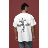 Sevbano Arnold Work Hard Yazılı Body Building Sırt Baskılı Unisex Oversize Fitness Gym Sporcu Tişört - Beyaz - XS