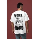 Sevbano Arnold Work Hard Yazılı Bodybuilding Sırt Baskılı Unisex Oversize Fitness Tişört - Beyaz - 3XL