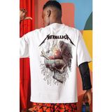 Sevbano Metallica Rock Metal Sırt Baskılı Unisex Oversize Müzik Grubu Tişört - Beyaz - XL